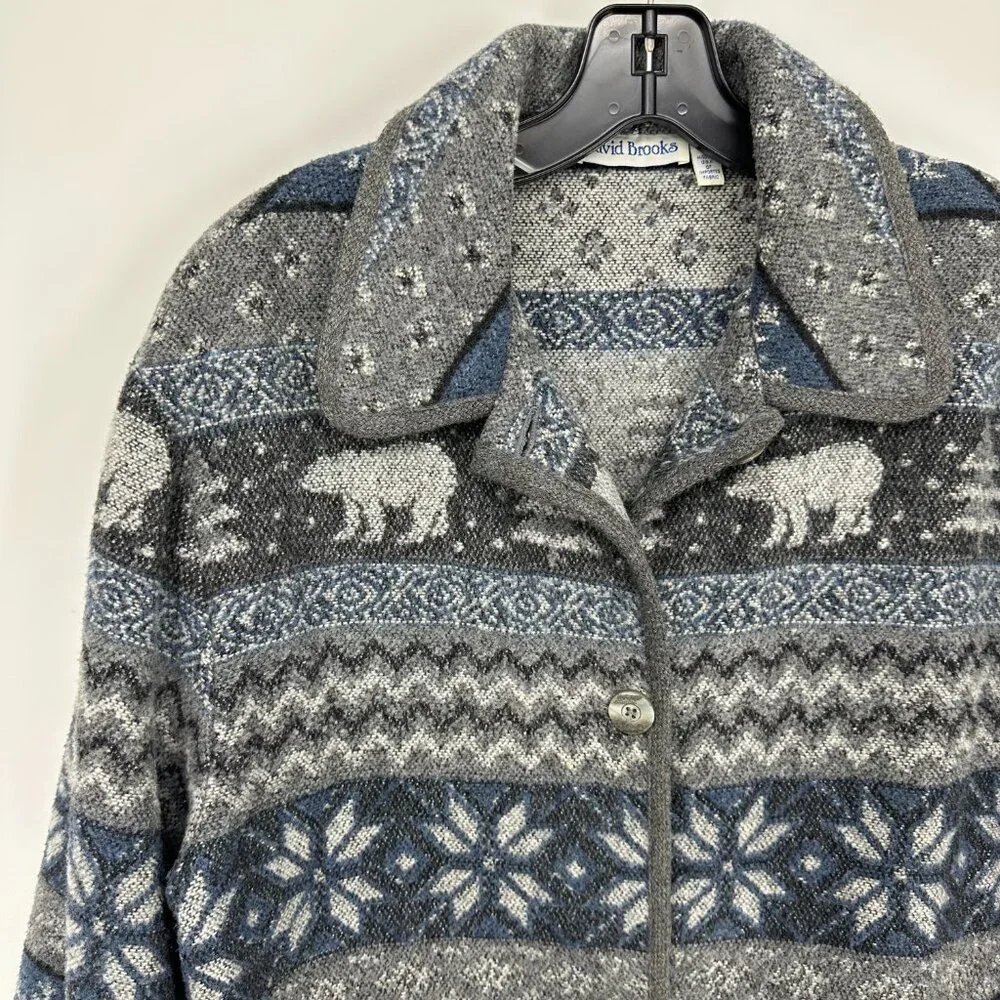 Vintage Fair Isle Wool Jacket M Bear Trees Shacket Button Down Gray Blue